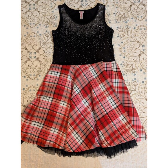 JUSTICE GIRLS SZ 18 SPARKLE BLACK DRESS WITH PLAID SKIRT PEEKING TULLE RED PLAID - Picture 5 of 11